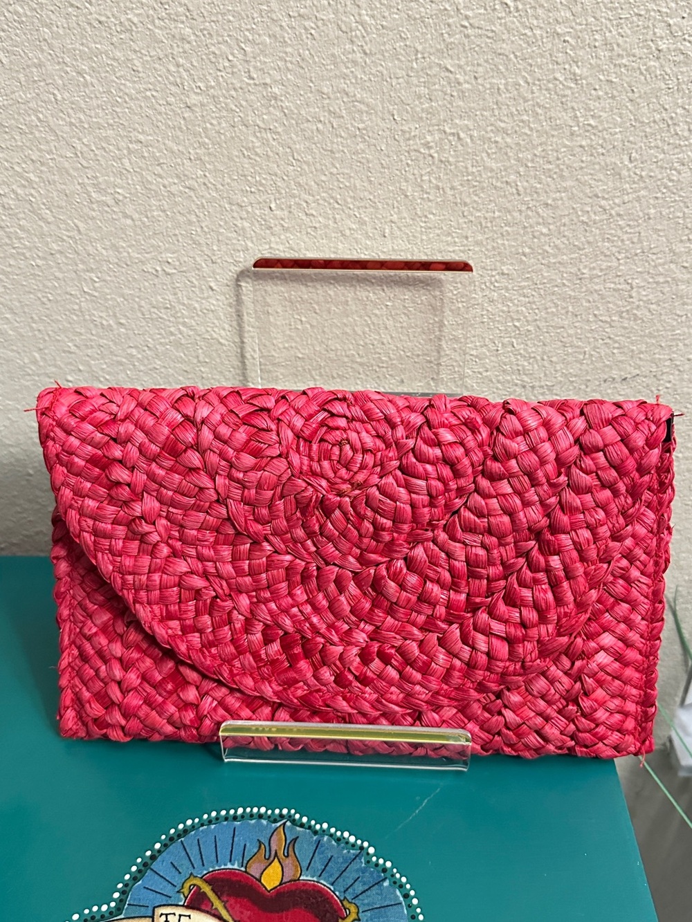 Woven Pink Straw Clutch Bag